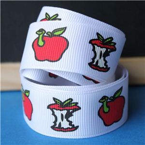 Back to School Ribbons - 22mm Apple & Worm/White